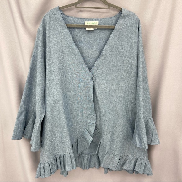 Ulla Popken Tops - Ulla Popken Linen Blend Ruffle Single Button V- Neck Cardigan Tunic Top 24/26